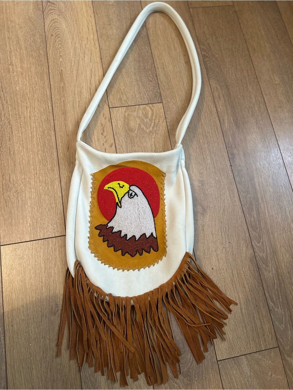 Women’s White Fringe Shoulder Bag with Eagle Patch
